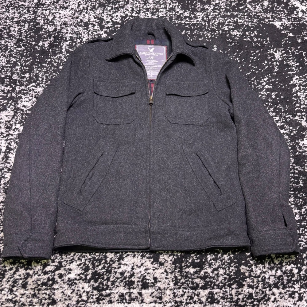 American Eagle Wool Blend Field Jacket Gray Y2K Vintage Mens Small Epaulettes